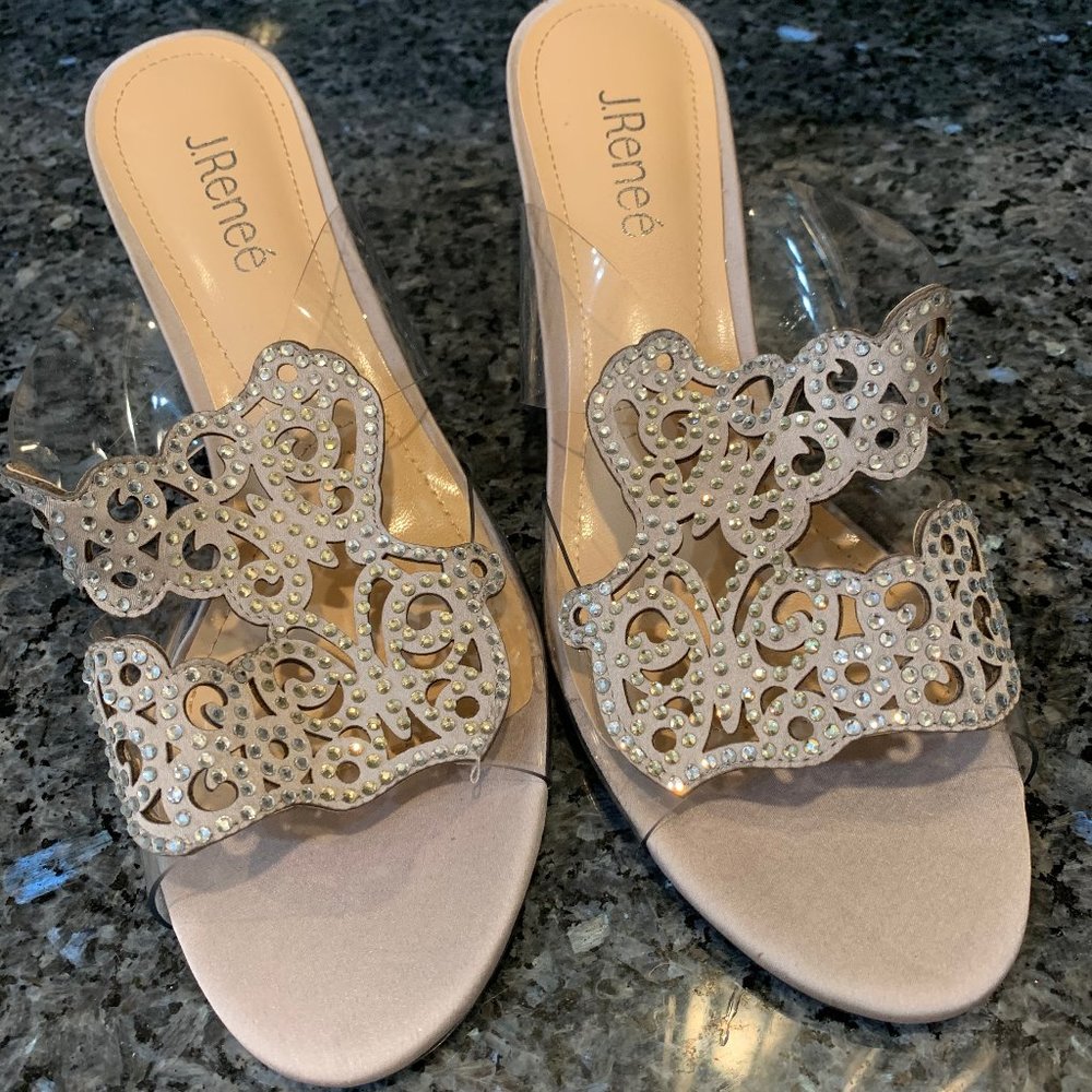 Silver leather and rainbow rhinestoned sandals